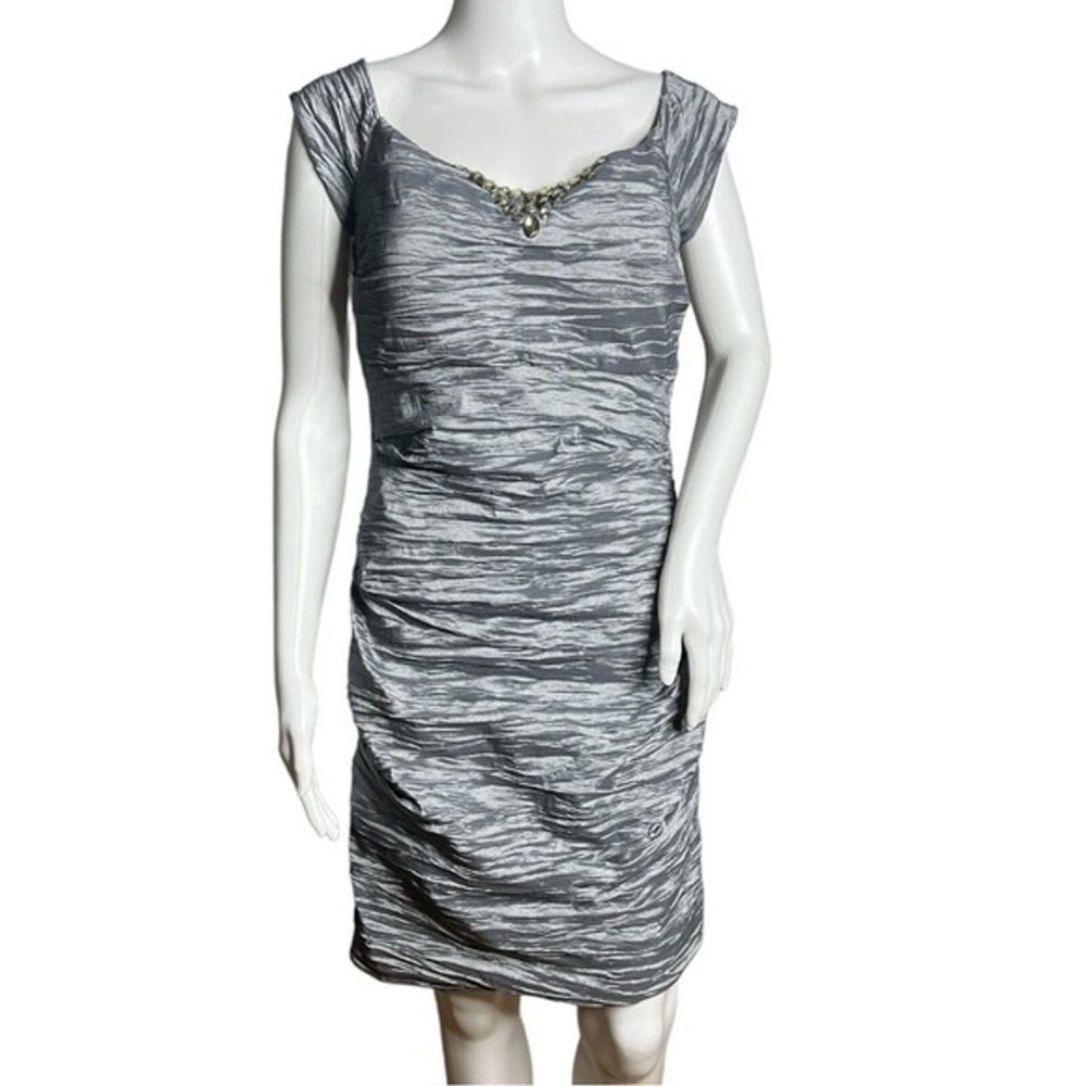 Alex Evenings Silver Metallic Ruched Mini Dress with Beaded Detail